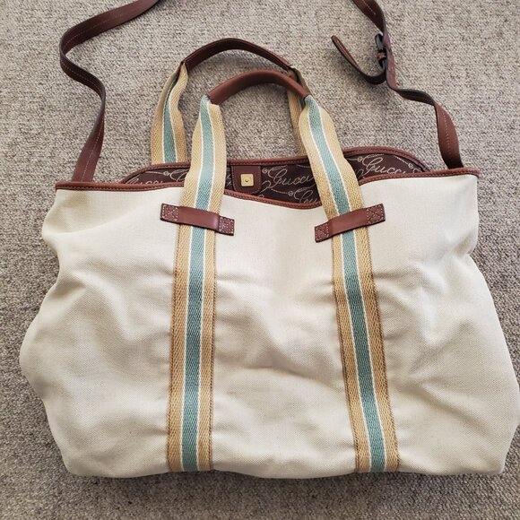 AUTHENTIC Vintage Gucci canvas tote bag with brown leather trim PREOWNED - Picture 6 of 14